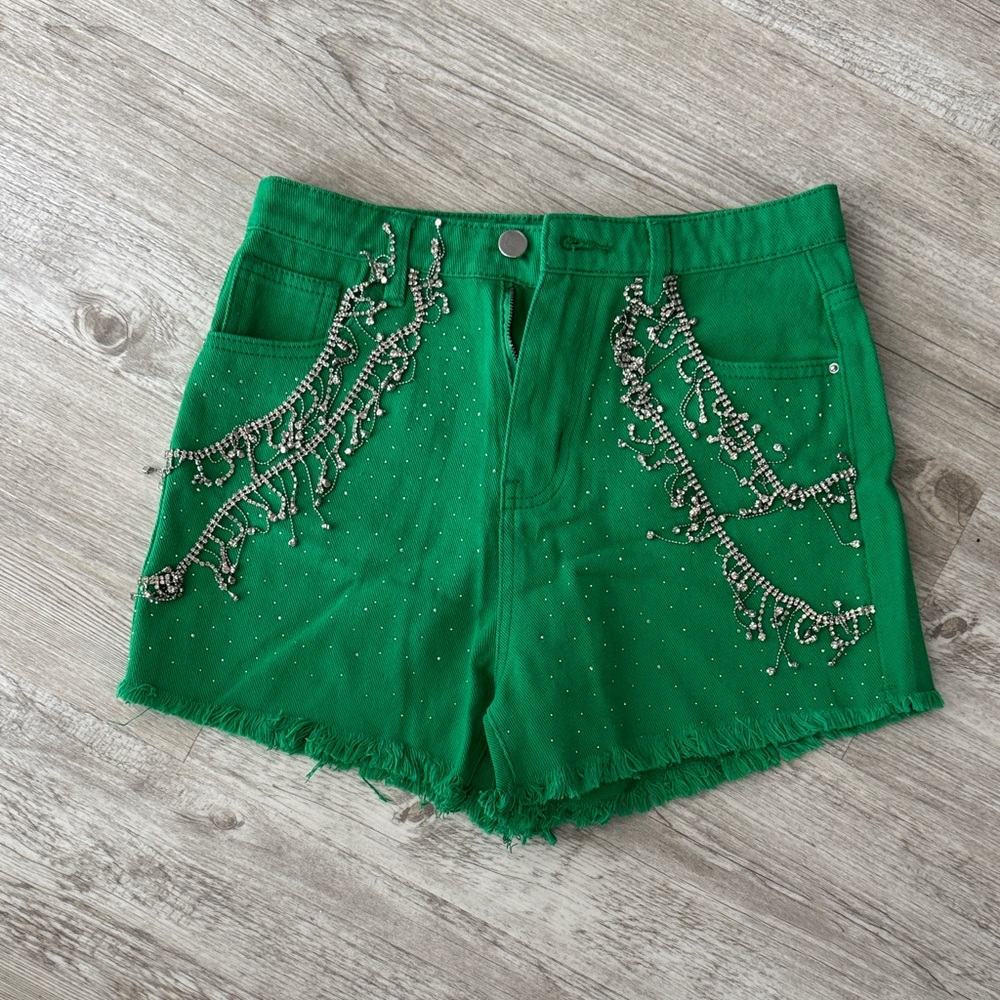 Embellished High Waist Green Shorts